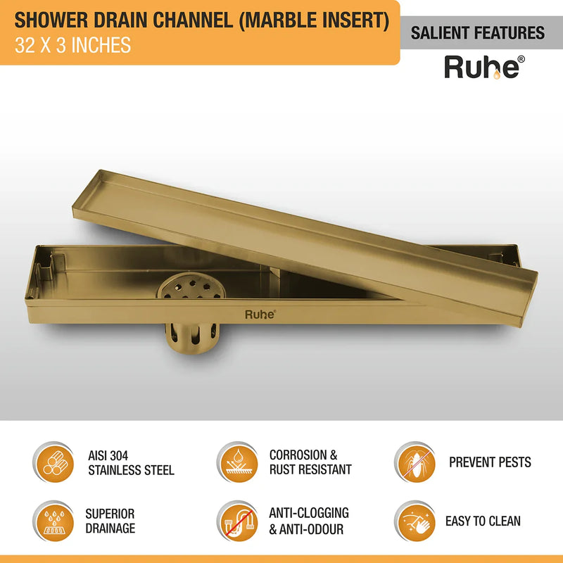 Marble Insert Shower Drain Channel (32 x 3 Inches) Center Hole YELLOW GOLD PVD Coated