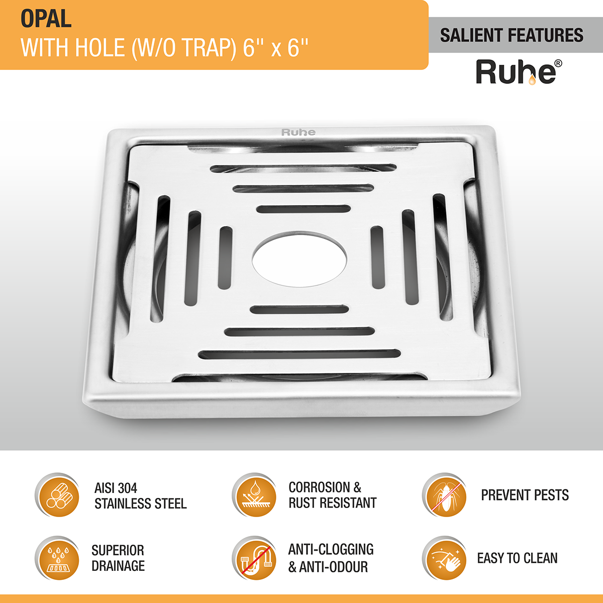 Opal Square 304-Grade Floor Drain with Hole (6 x 6 Inches) - by Ruhe