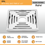 Opal Square 304-Grade Floor Drain with Hole (6 x 6 Inches) - by Ruhe®