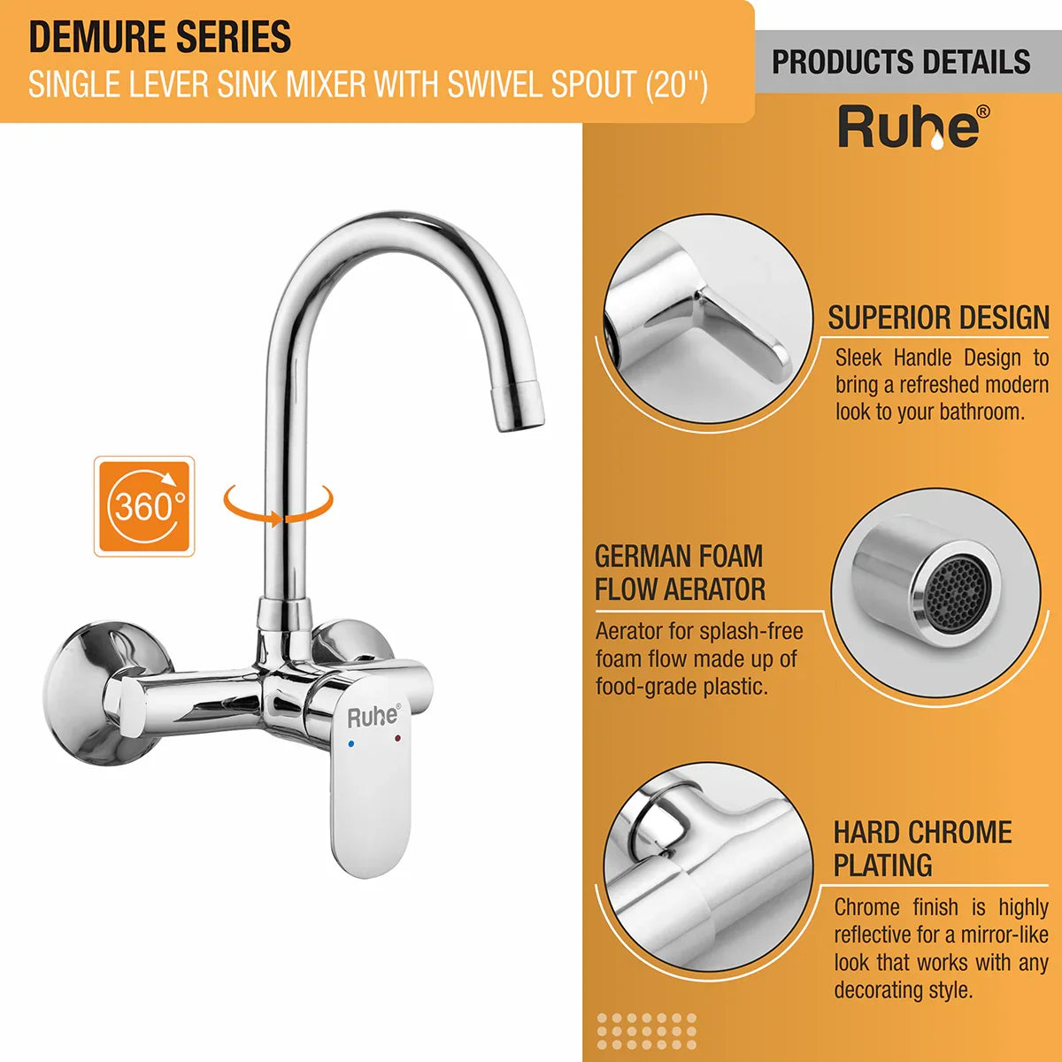 Demure Single Lever Wall-mount Kitchen Sink Mixer Tap with Swivel Spout
