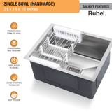 Handmade Single Bowl (21 x 18 x 10 Inches) Kitchen Sink - by Ruhe