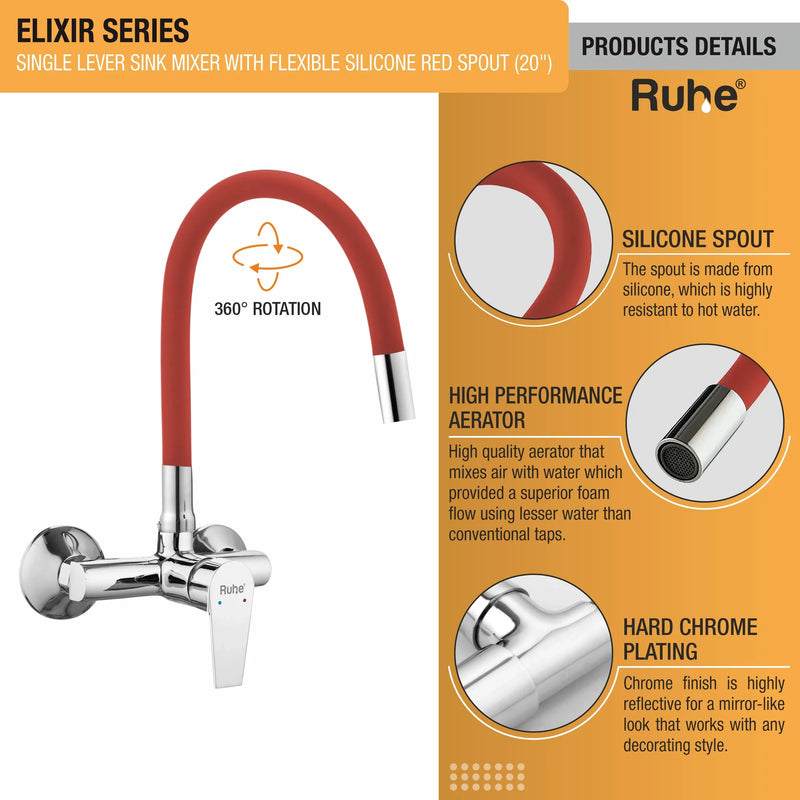 Elixir Single Lever Wall-mount Kitchen Sink Mixer Tap with Coloured Silicone Spout