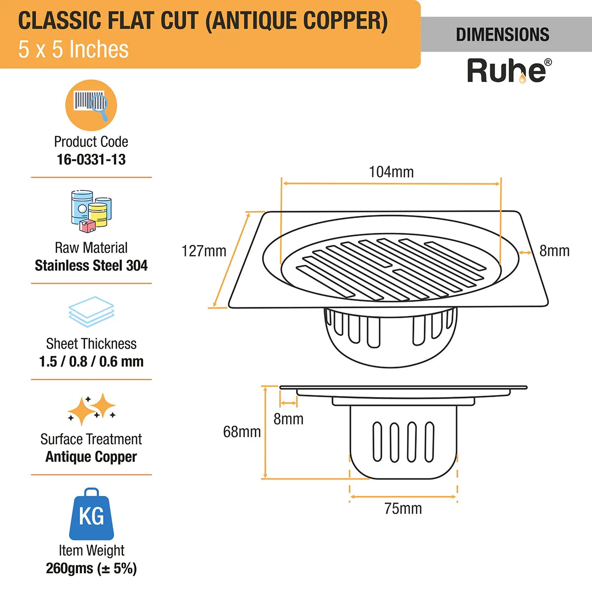 Classic Square Flat Cut Floor Drain in Antique Copper PVD Coating (5 x 5 Inches) - by Ruhe