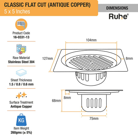 Classic Square Flat Cut Floor Drain in Antique Copper PVD Coating (5 x 5 Inches) dimensions and sizes