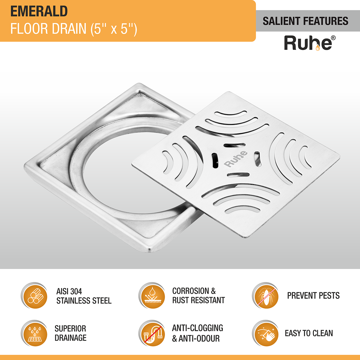 Emerald Square 304-Grade Floor Drain (5 x 5 Inches) - by Ruhe®
