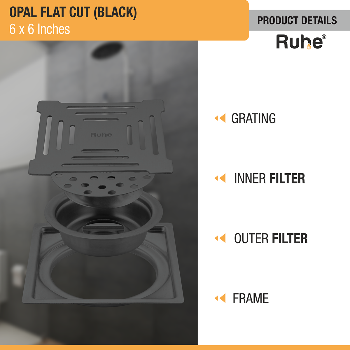 Opal Square Flat Cut Floor Drain in Black PVD Coating (6 x 6 Inches) - by Ruhe