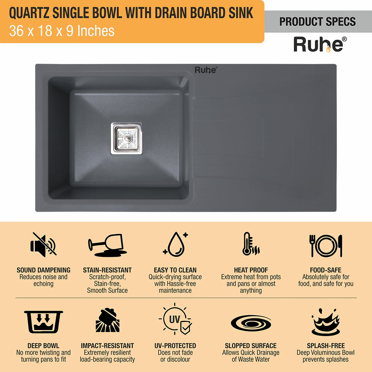 Quartz Single Bowl with Drainboard Kitchen Sink - Smoke Grey (36 x 18 x 9 inches) - by Ruhe