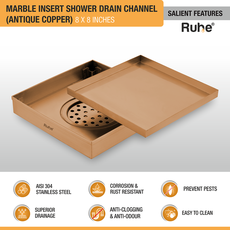 Marble Insert Shower Drain Channel (8 x 8 Inches) Antique Copper PVD Coated - by Ruhe