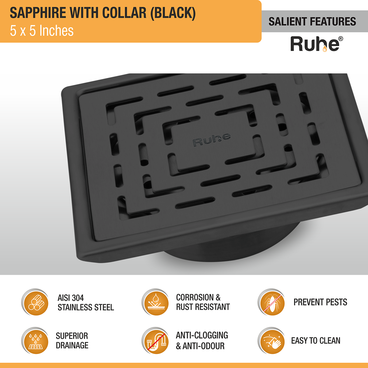 Sapphire Square 304-Grade Floor Drain in Black PVD Coating (5 x 5 Inches) - by Ruhe