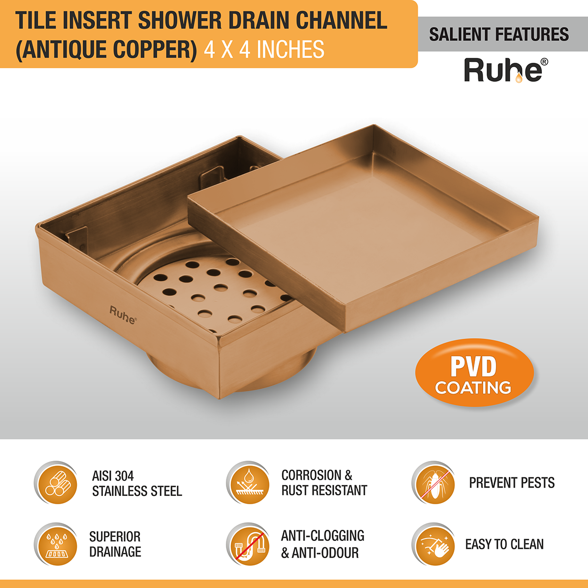 Tile Insert Shower Drain Channel (4 x 4 Inches) ROSE GOLD PVD Coated - by Ruhe®