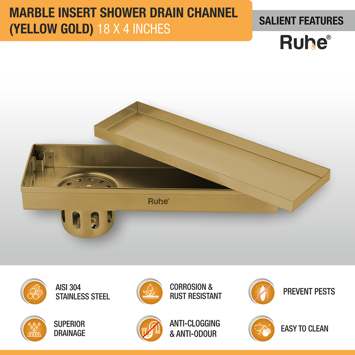 Marble Insert Shower Drain Channel (18 x 4 Inches) YELLOW GOLD PVD Coated - by Ruhe®