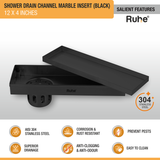 Marble Insert Shower Drain Channel (12 x 4 Inches) Black PVD Coated - by Ruhe®