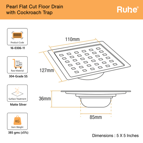 Pearl Square Flat Cut Floor Drain