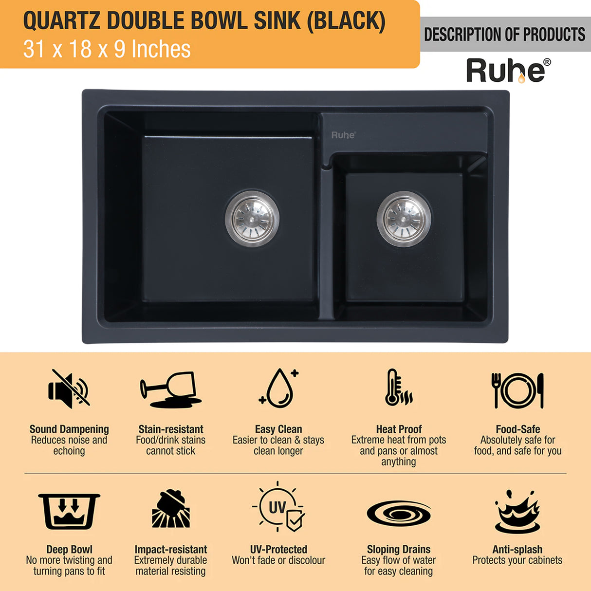 Quartz Double Bowl Kitchen Sink - Matte Black (31 x 18 x 9 inches) - by Ruhe®