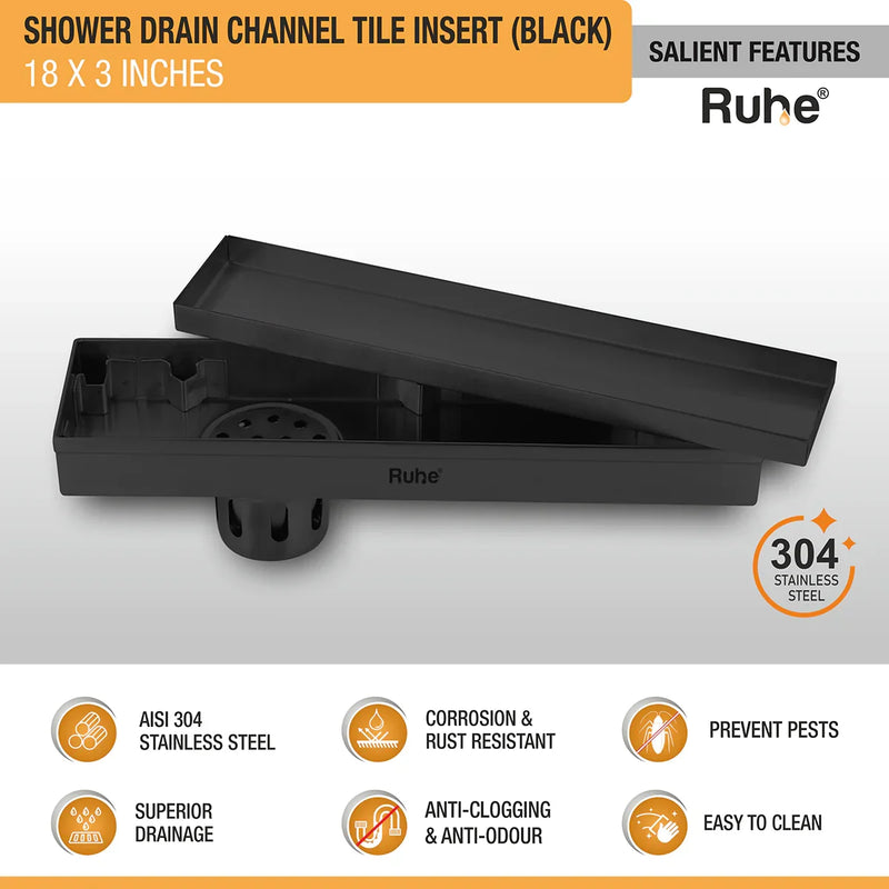 Tile Insert Shower Drain Channel (18 x 3 Inches) Black PVD Coated - by Ruhe