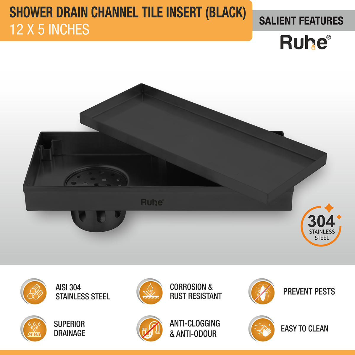 Tile Insert Shower Drain Channel (12 x 5 Inches) Black PVD Coated - by Ruhe®