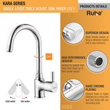 Kara Single Lever Table-Mount Sink Mixer with Medium (15 Inches) Round Swivel Spout Brass Faucet product details