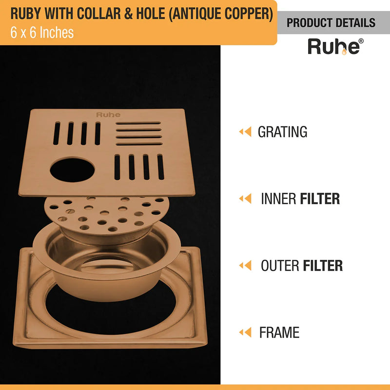 Ruby Square Flat Cut Floor Drain in Antique Copper PVD Coating (6 x 6 Inches) with Hole - by Ruhe