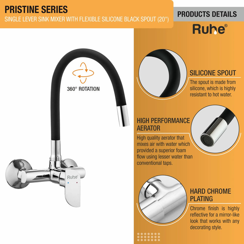 Pristine Single Lever Wall-mount Kitchen Sink Mixer Tap with Coloured Silicone Spout