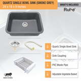 Smoke Grey Quartz Single Bowl Kitchen Sink  (24 x 18 x 9 inches)