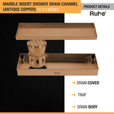 Marble Insert Shower Drain Channel (12 x 5 Inches) ROSE GOLD PVD Coated with drain cover, trap, and drain body