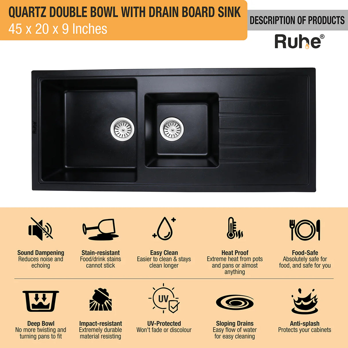 Quartz Double Bowl with Drainboard Kitchen Sink - Matte Black (45 x 20 x 9 inches) - by Ruhe