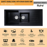 Quartz Double Bowl with Drainboard Kitchen Sink - Matte Black (45 x 20 x 9 inches) - by Ruhe