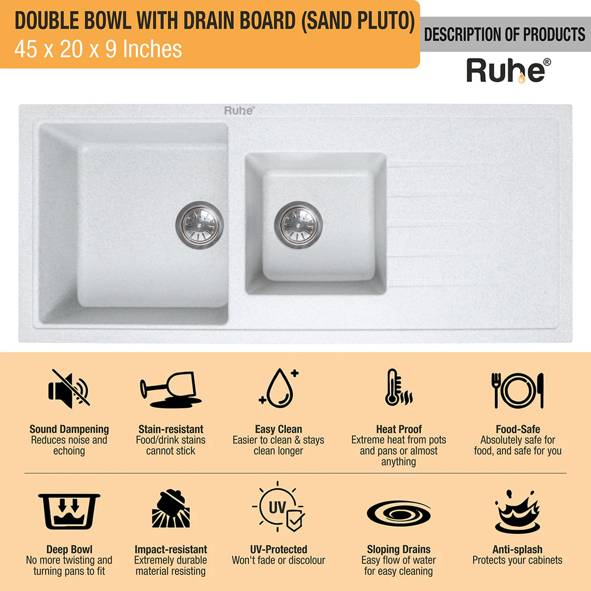 Quartz Double Bowl with Drainboard Kitchen Sink - Sand Pluto (45 x 20 x 9 inches) - by Ruhe®