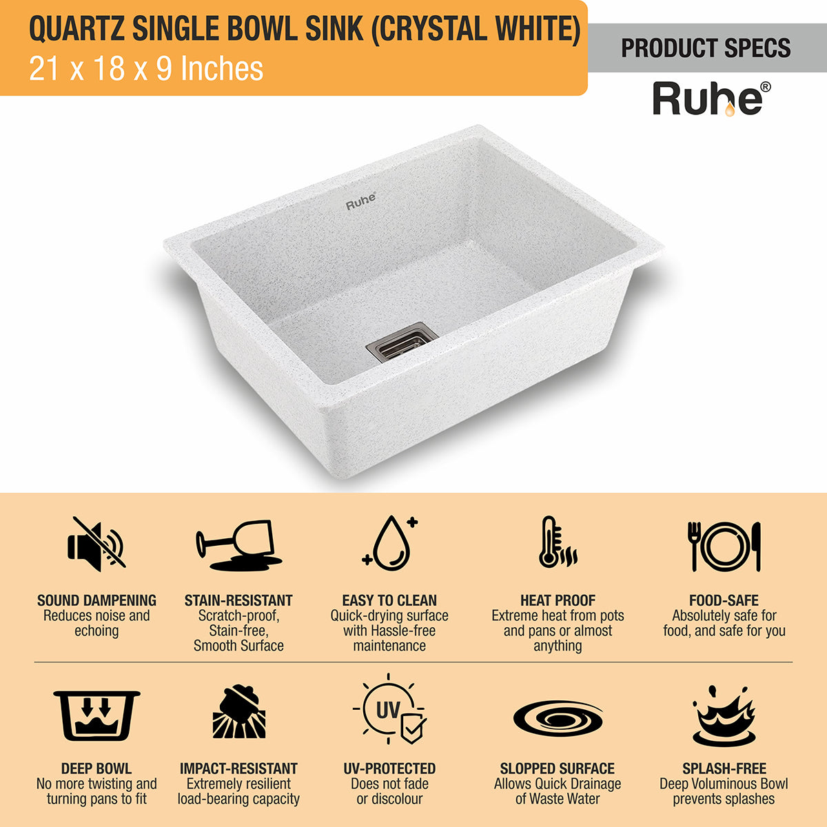 Quartz Crystal White Single Bowl Kitchen Sink (21 x 18 x 9 inches) features and benefits