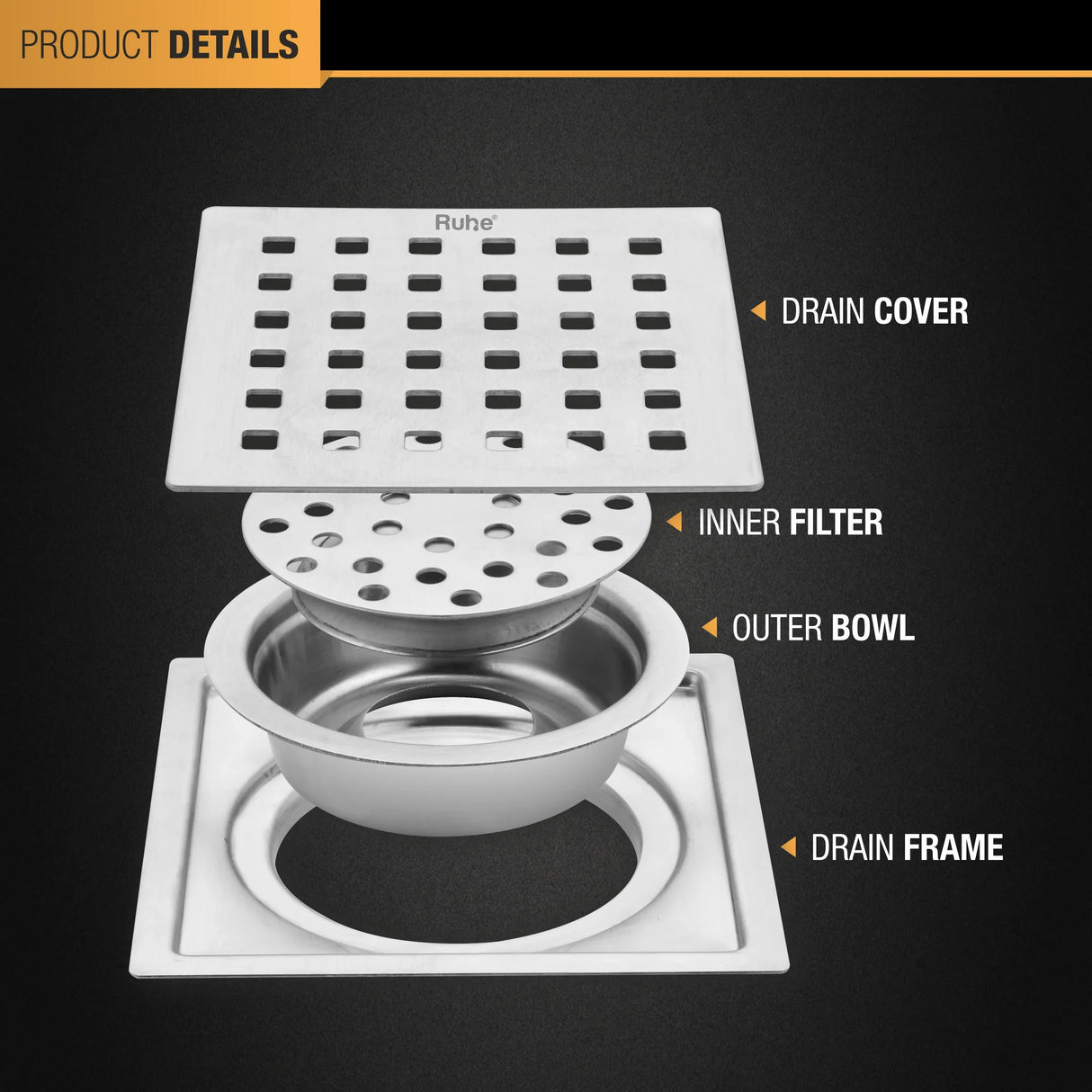 Pearl Square Flat Cut Floor Drain