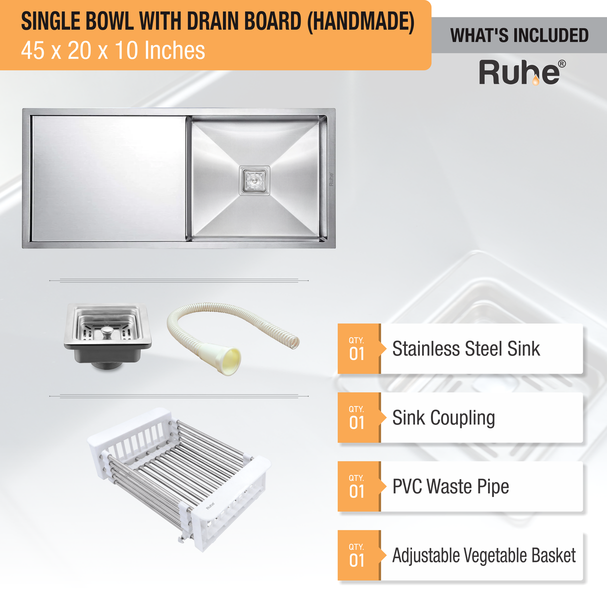 Handmade Single Bowl with Drainboard (45 x 20 x 10 Inches) Kitchen Sink - by Ruhe®