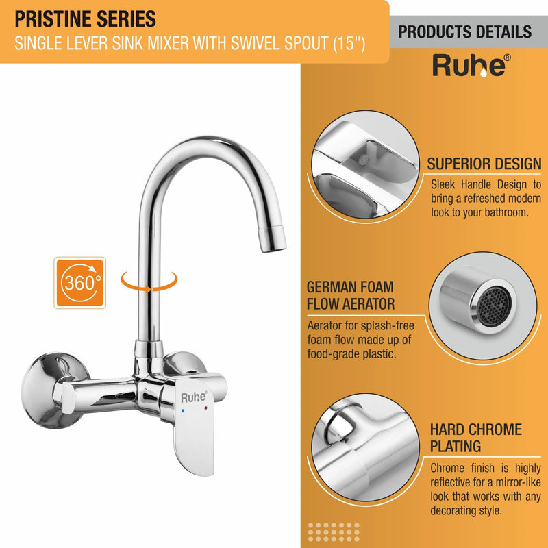 Pristine Single Lever Wall-mount Kitchen Sink Mixer Tap with Swivel Spout