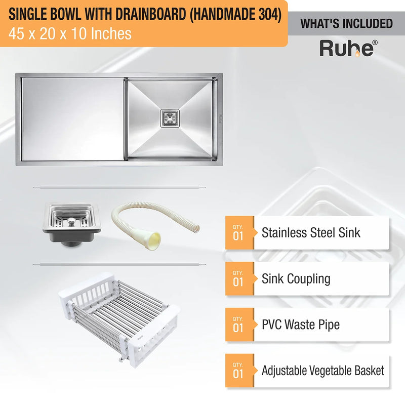 Handmade Single Bowl with Drainboard Kitchen Sink (45 x 20 x 10 Inches)