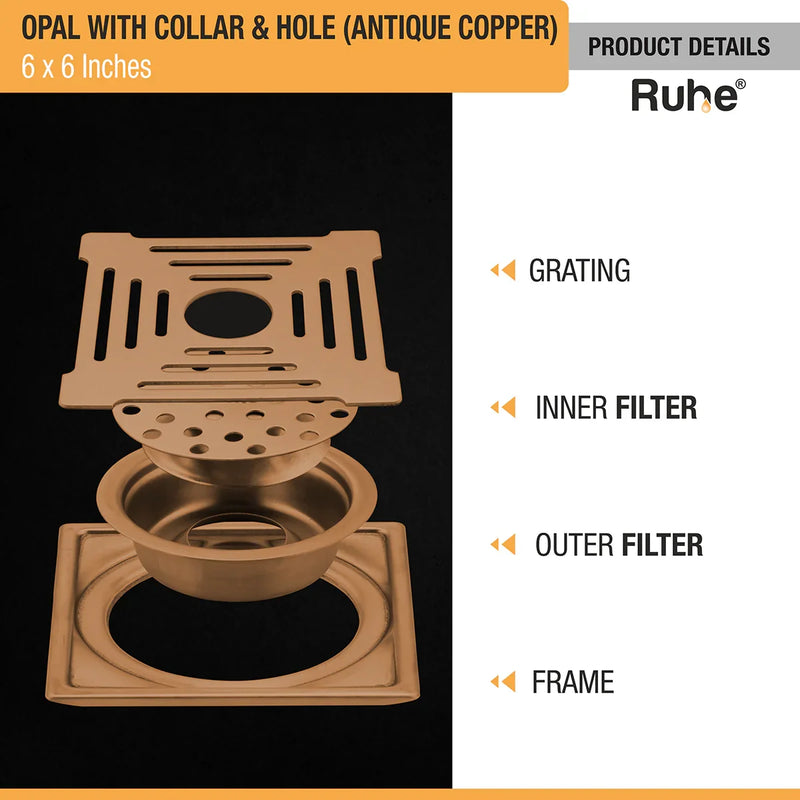 Opal Square Flat Cut Floor Drain in Antique Copper PVD Coating (6 x 6 Inches) with Hole - by Ruhe