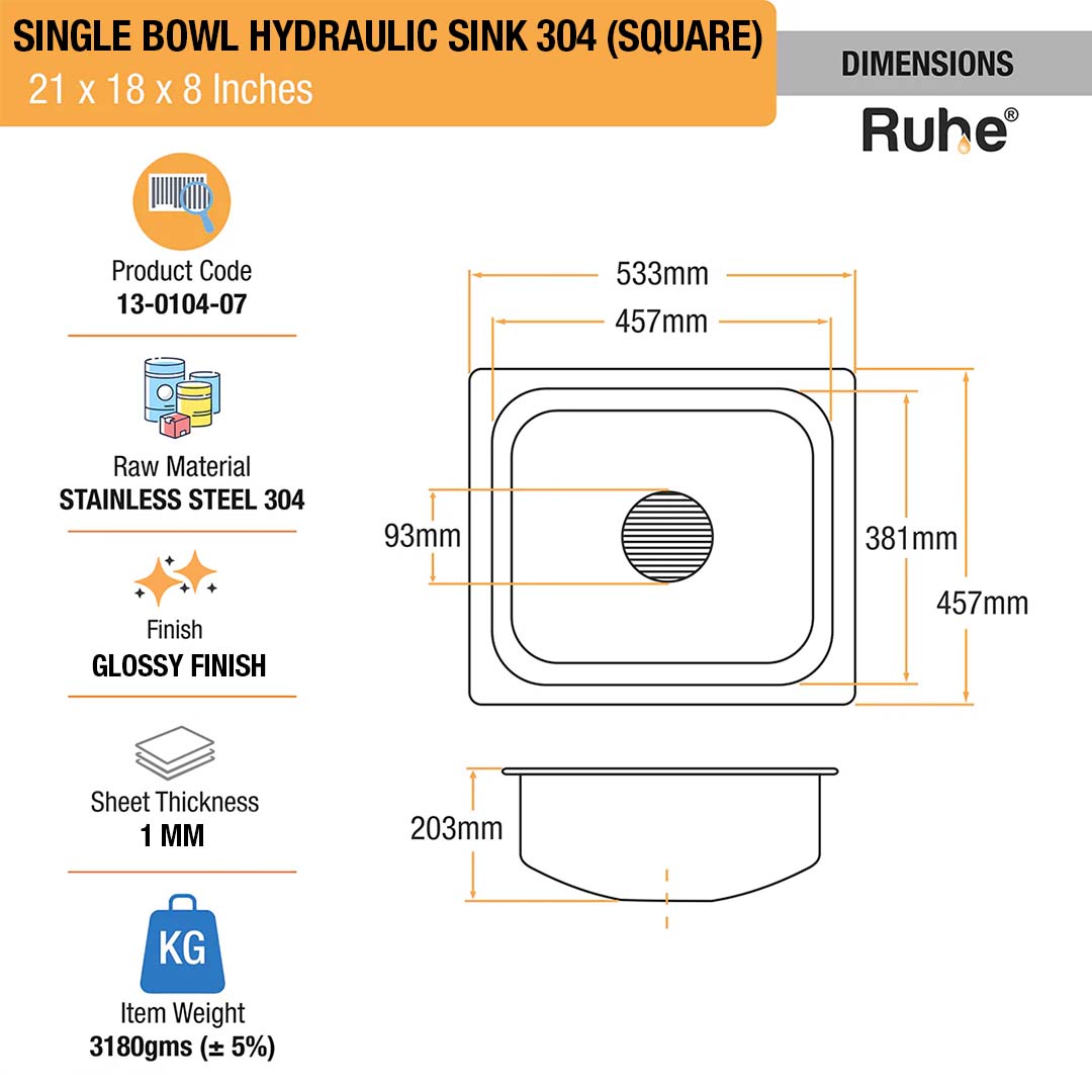 Square Single Bowl 304-Grade Kitchen Sink (21 x 18 x 8 inches)– by Ruhe