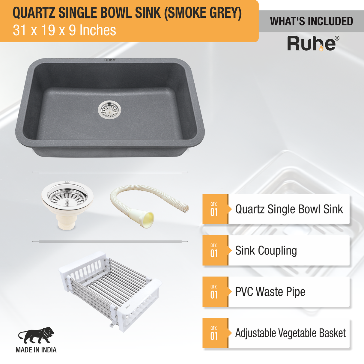 Smoke Grey Quartz Single Bowl Kitchen Sink  (31 x 19 x 9 inches) - by Ruhe