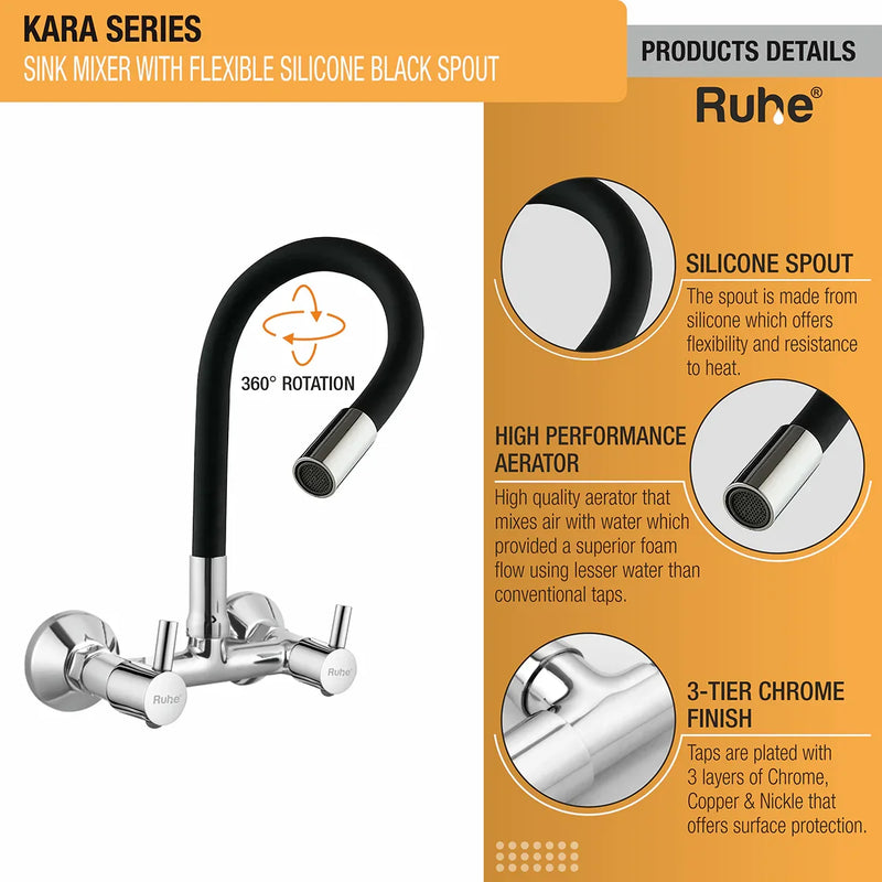 Kara Wall-mount Kitchen Sink Mixer Tap with Black Silicone Spout - by Ruhe