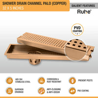 Palo Shower Drain Channel (32 x 5 Inches) Antique Copper PVD Coated - by Ruhe