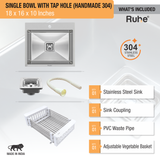 Handmade Single Bowl 304-Grade Kitchen Sink with  Tap Hole (18 x 16 x 10 Inches) - by Ruhe