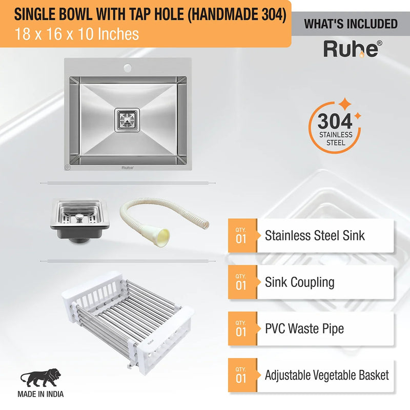 Handmade Single Bowl with Tap Hole Kitchen Sink (18 x 16 x 10 Inches)