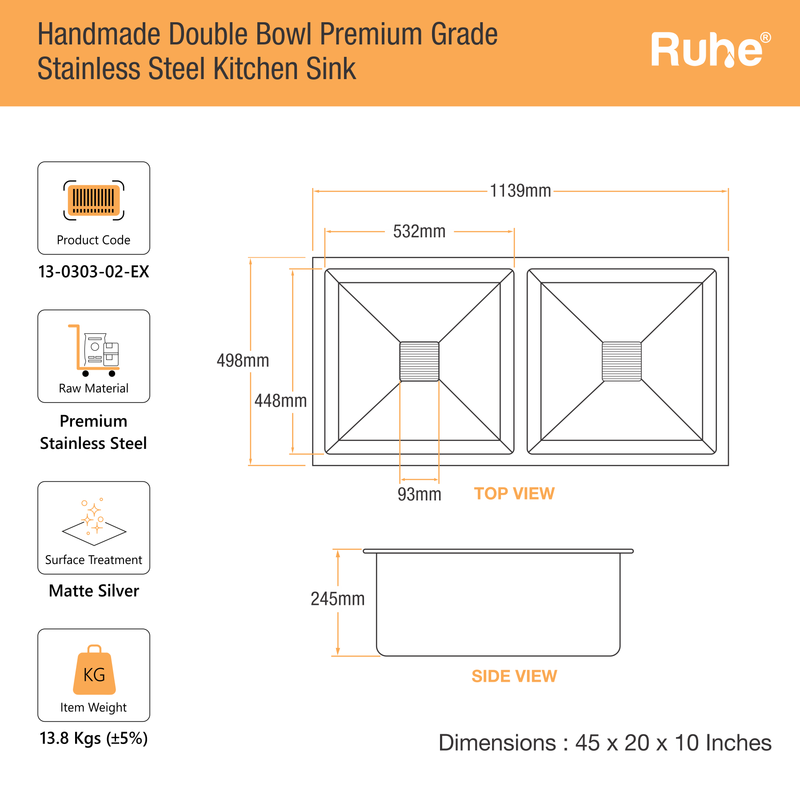 Handmade Double Bowl Kitchen Sink (45 x 20 x 10 Inches)