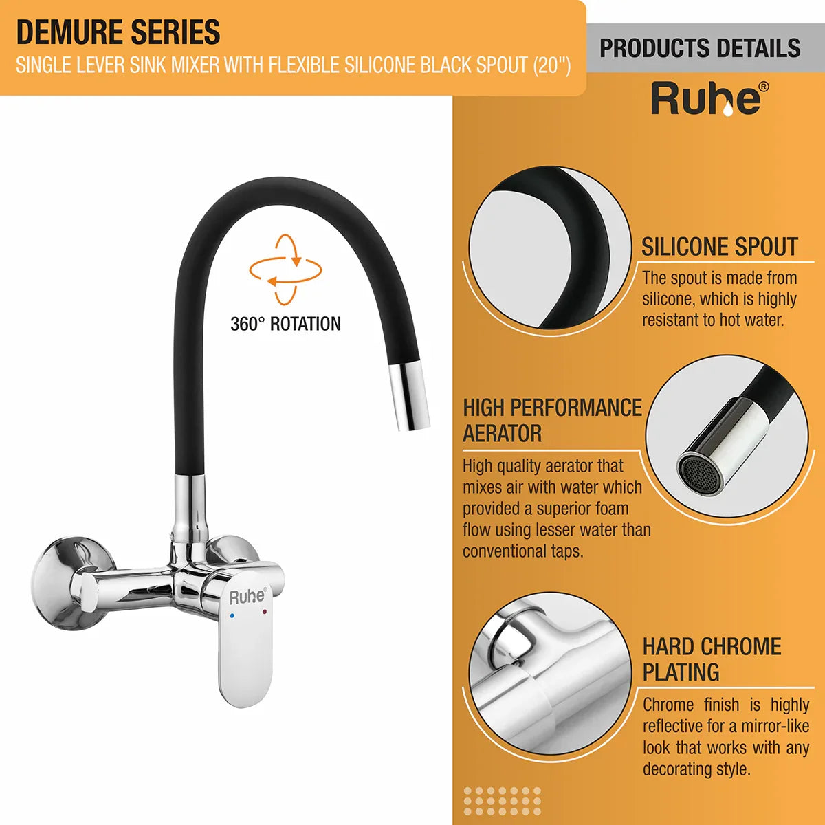 Demure Single Lever Wall-mount Kitchen Sink Mixer Tap with Coloured Silicone Spout