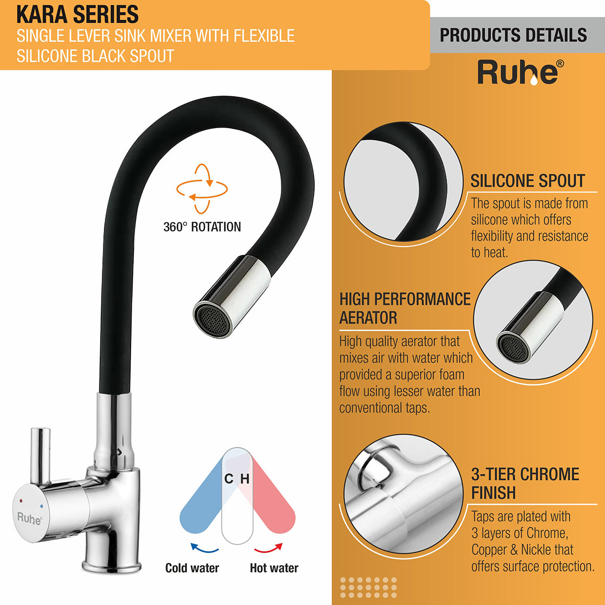 Kara Single Lever Sink Mixer with Silicone Black Flexible Spout product details with silicone spout, high quality aerator, 3 layer protection