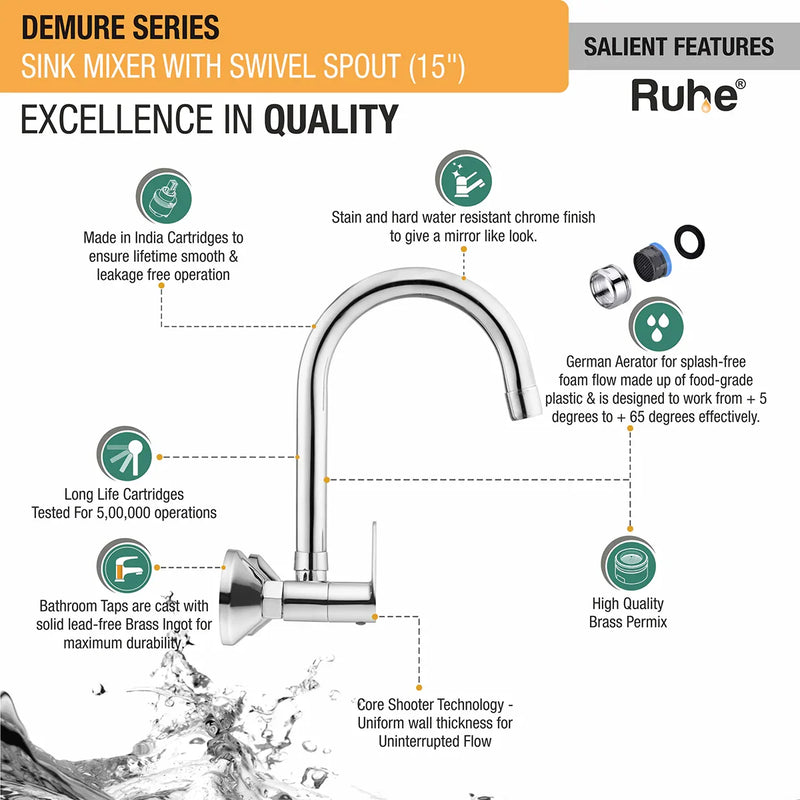 Demure Sink Mixer Brass Faucet with Medium (15 inches) Round Swivel Spout - by Ruhe