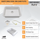 Sand Pluto Quartz Single Bowl Kitchen Sink  (24 x 18 x 9 inches) - by Ruhe