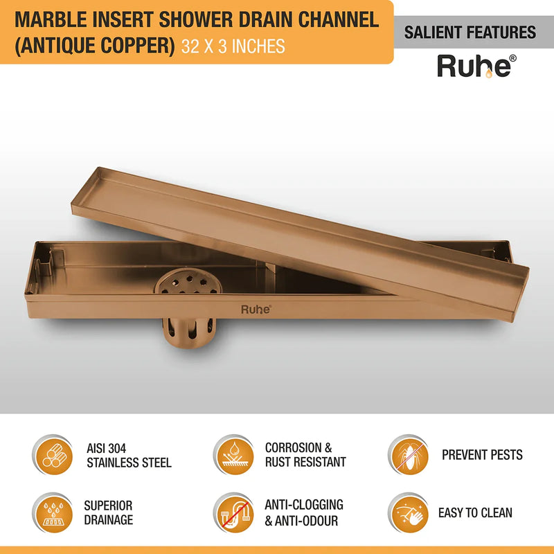 Marble Insert Shower Drain Channel (32 x 3 Inches) Antique Copper PVD Coated - by Ruhe
