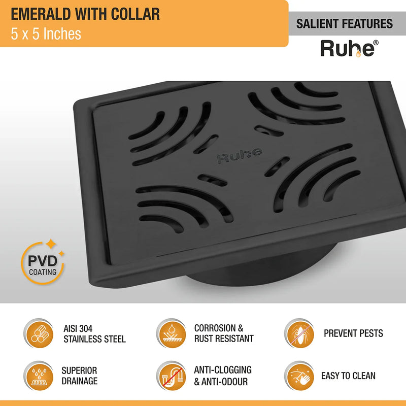 Emerald Square 304-Grade Floor Drain in Black PVD Coating (5 x 5 Inches) - by Ruhe