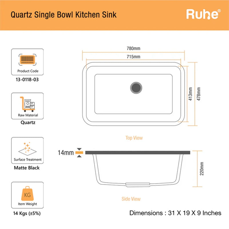 Quartz Single Bowl Matte Black Kitchen Sink (31 x 19 x 9 Inches)