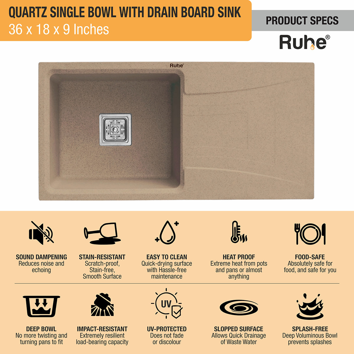 Quartz Single Bowl Sand Choco Kitchen Sink with Drainboard (36 x 18 x 9 inches) features and benefits