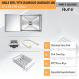 Handmade Single Bowl with Drainboard 304-Grade Kitchen Sink (37 x 18 x 10 Inches) - by Ruhe